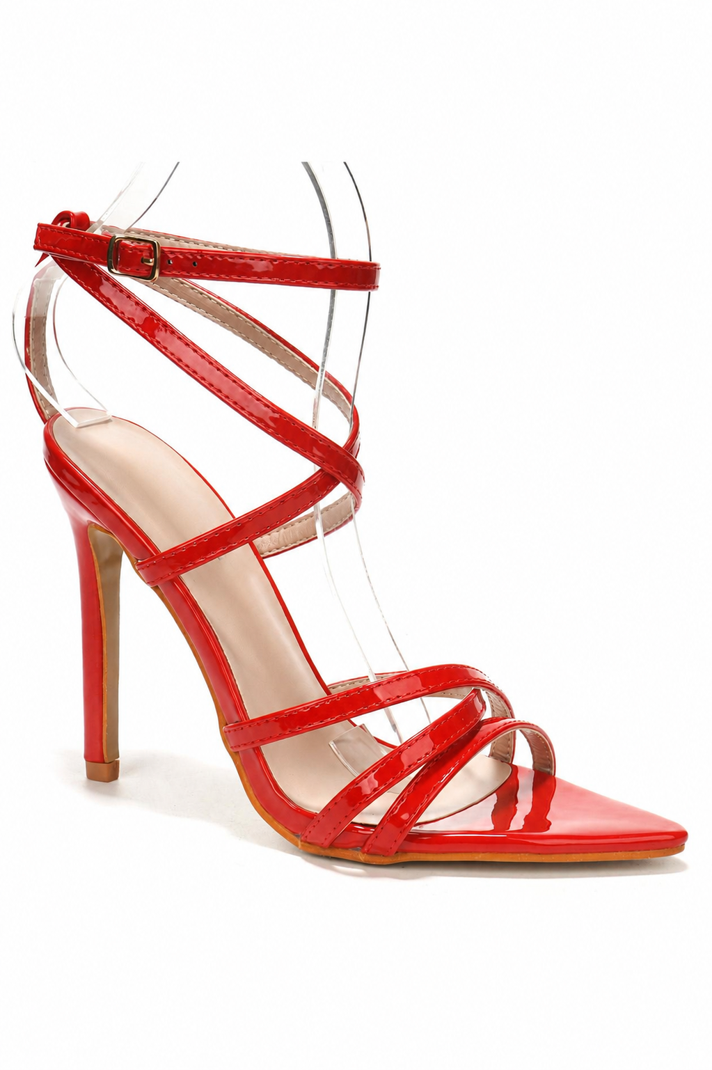 Sandales à talon multi-brides cheville rouge vernis, vue de profil