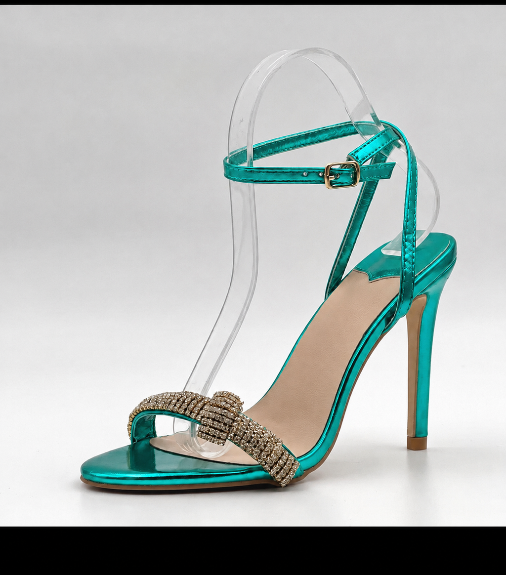 Sandales à talons noeud strass vert métallisé